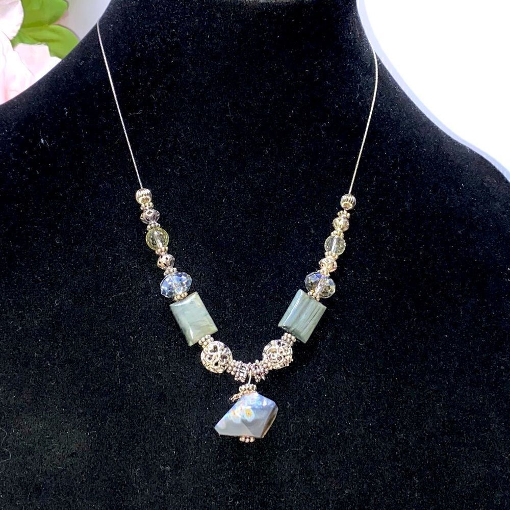 Natural Stone Agate And Glass Bead Sterling Silver Necklace